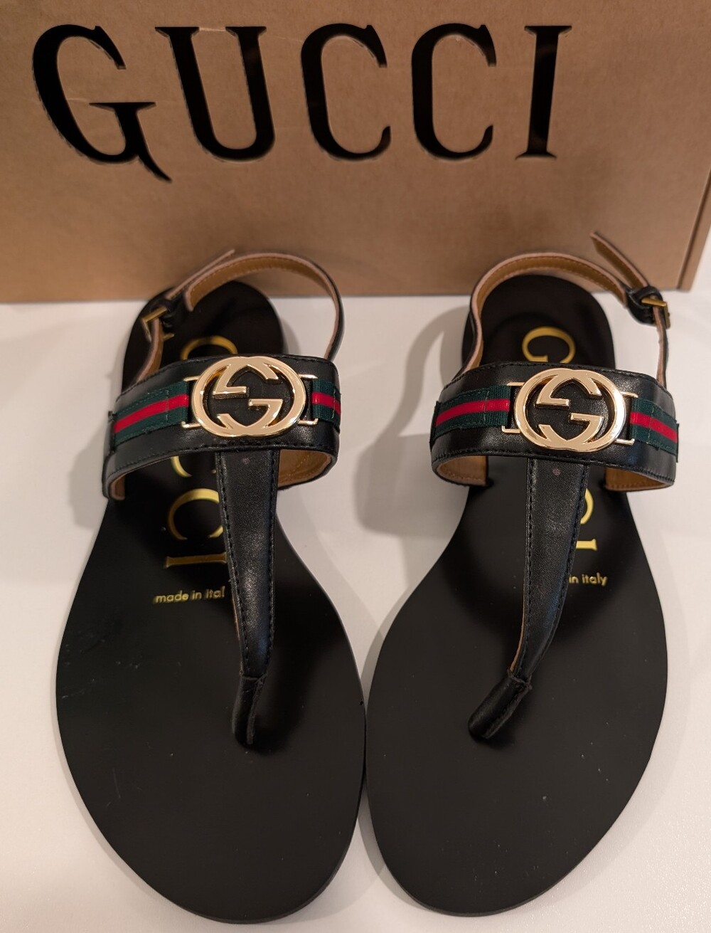 Gucci Black Leather Sandals for Women with Green & Red Iconic Logo/ Size 38